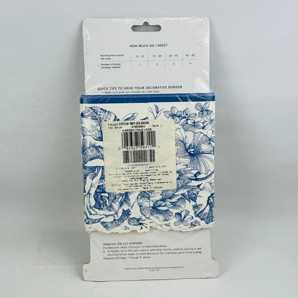 Waverly Garden Toile Lapis Blue Wall Border Floral 15ft Pre-Pasted Washable 2000